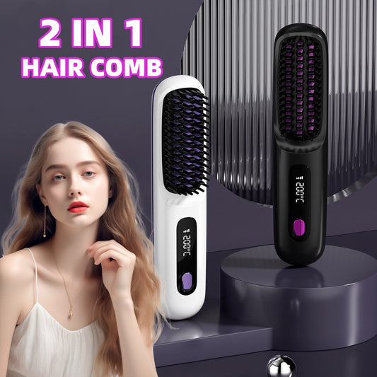 Wireless Hair Straightener Brush, Fast Heating, USB Rechargeable